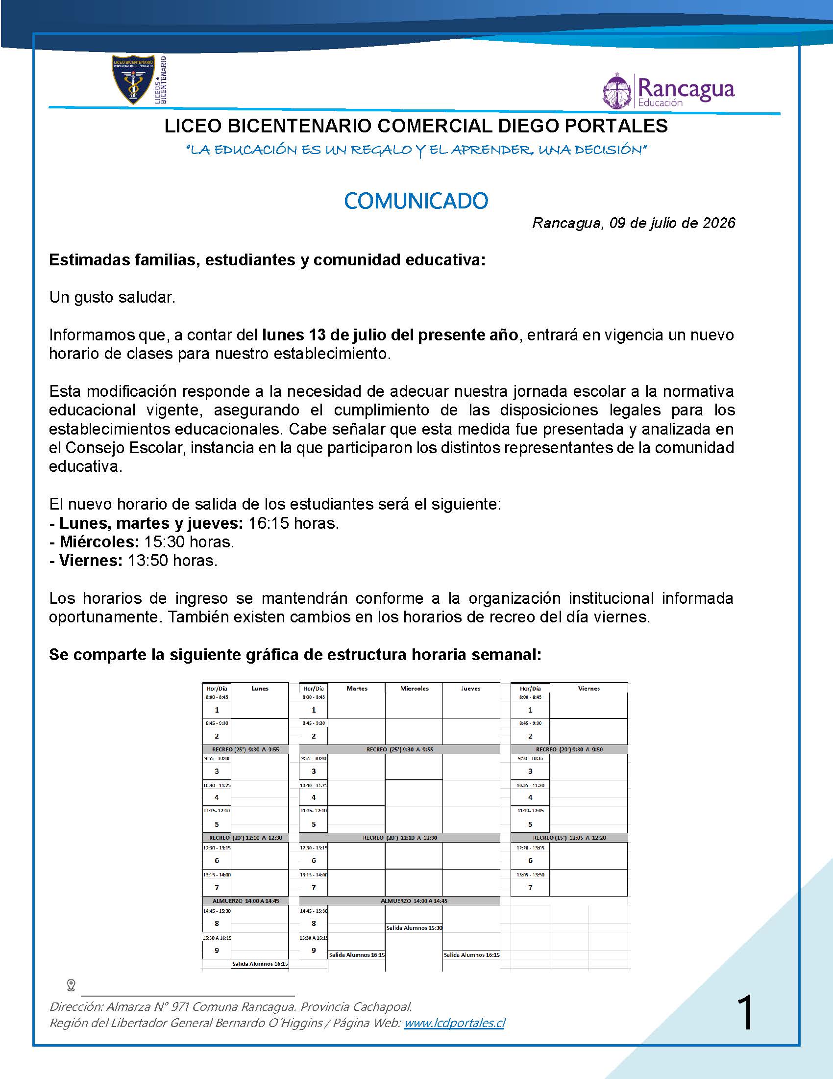 COMUNICADO NUEVO HORARIO